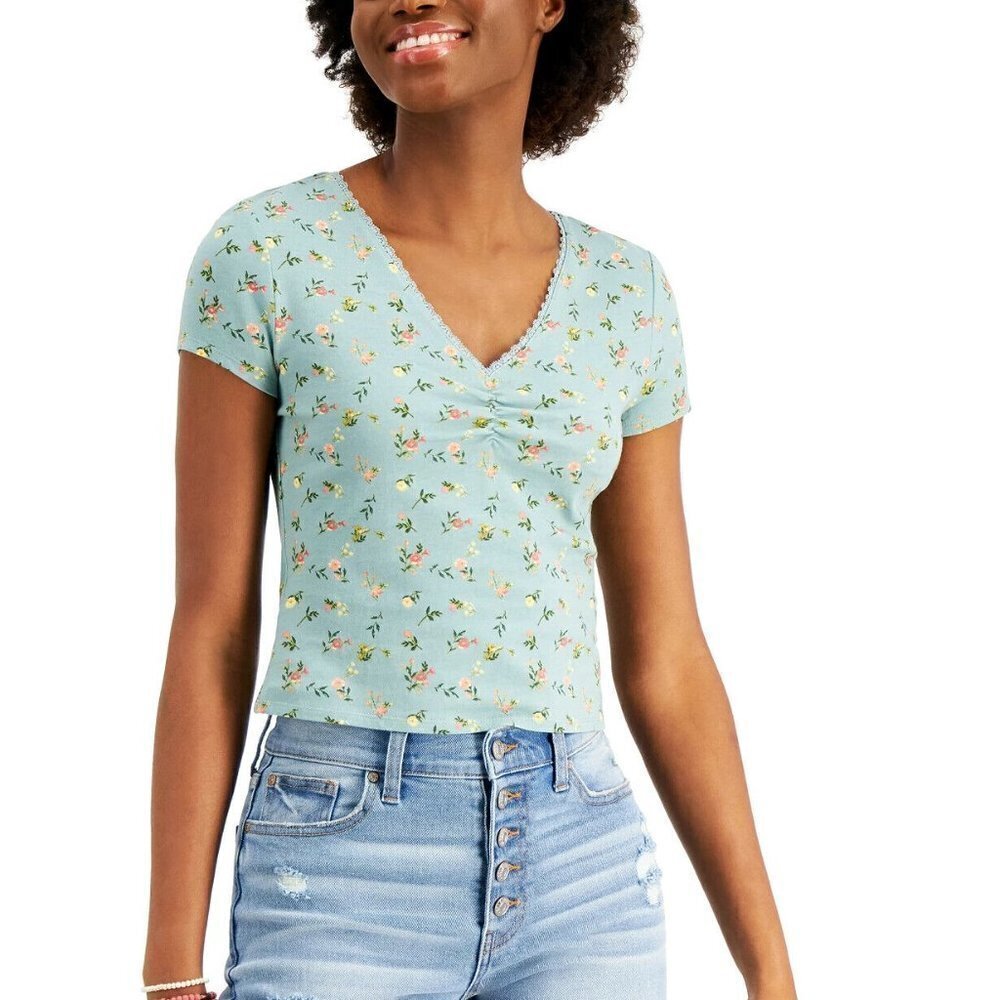 JR274 Self Esteem Green Juniors' Lace-Trim Ruched-Front Floral Top Size XL